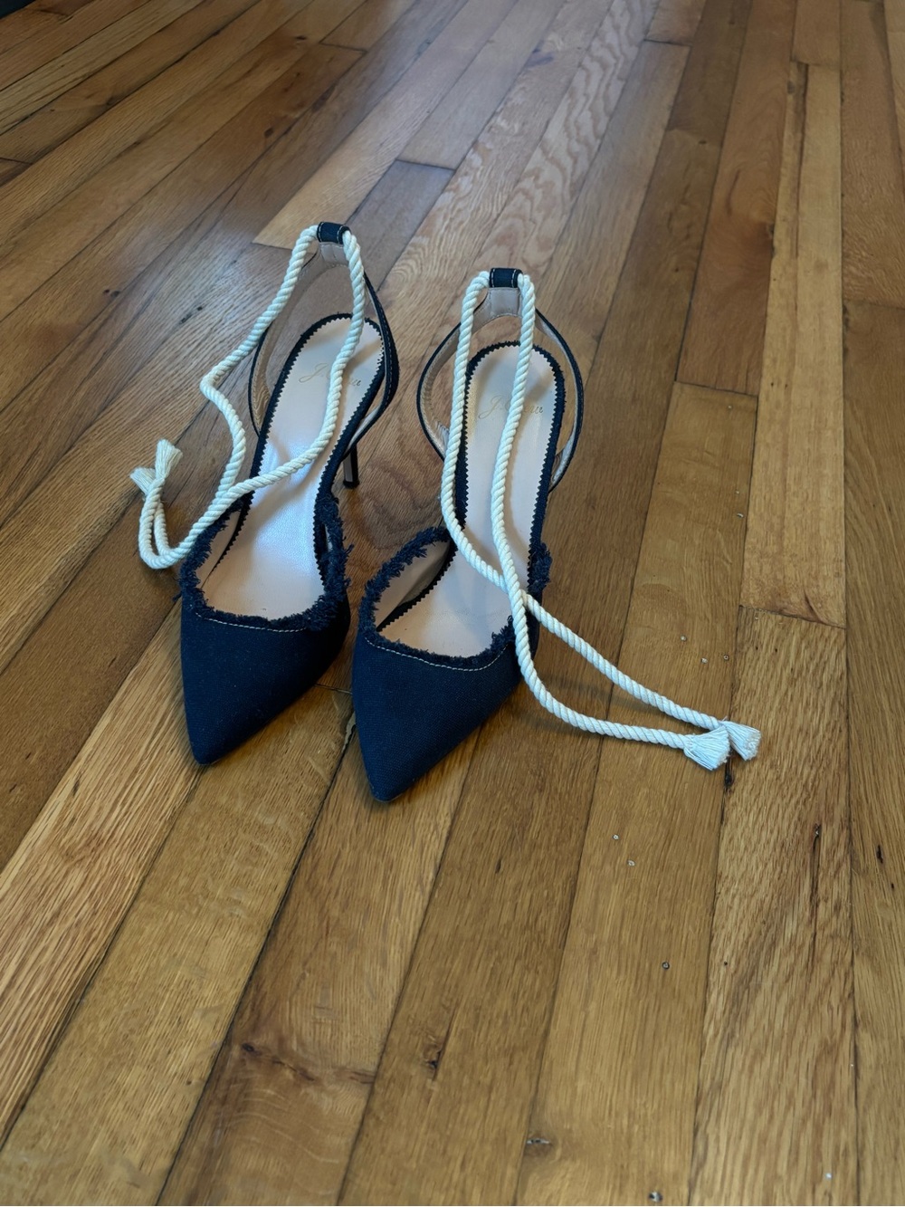 J. Crew Navy Pointed Slingback Heels with White Rope Ties - Picture 5 of 6